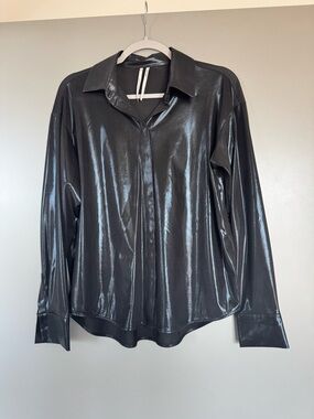 Anthropologie Black Shiny Button-Up Blouse